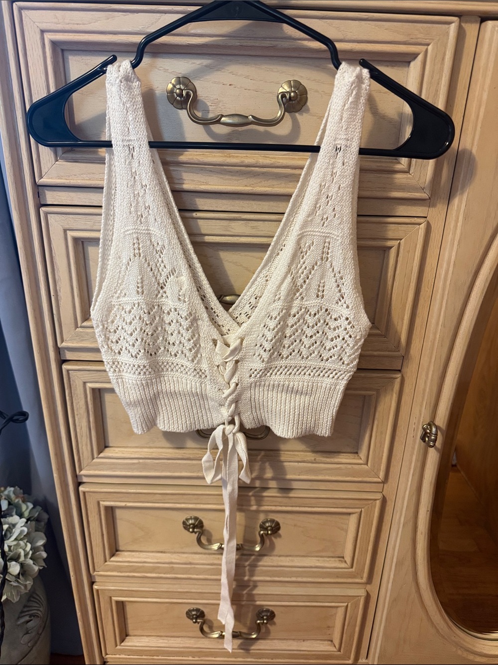 Knitted Lace-Up Cream Crop Tank Top